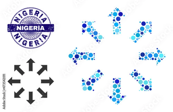 Fototapeta Circle mosaic expand arrows icon and NIGERIA round rubber stamp seal. Violet stamp seal includes NIGERIA caption inside circle and guilloche style. Vector mosaic is based on expand arrows icon,