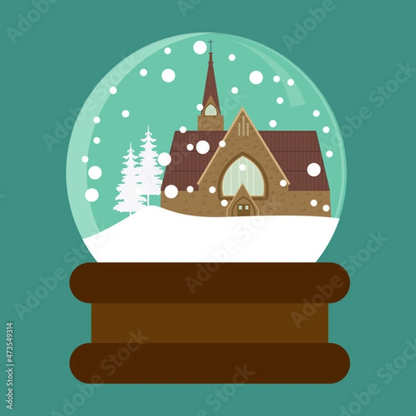 Obraz A snow globe with a church in the snow. Christmas greeting card. Vector image of Merry Christmas