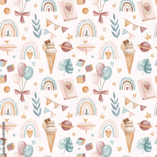Obraz Vector watercolor childish seamless boho pattern with toys and leaves