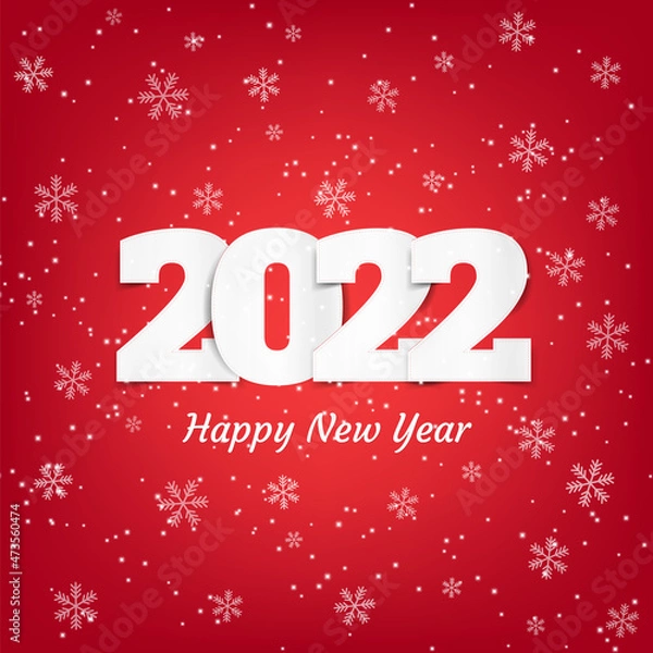 Obraz Happy New Year 2022 background, banner with falling snow and snowflakes on red background. Merry Christmas Greeting card, brochure or banner template. Stock Vector illustration.