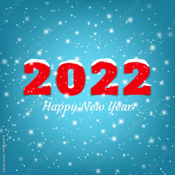 Obraz Happy New Year 2022 background, banner with falling snow and snowflakes on blue background. Numbers in the snow. Merry Christmas Greeting card, brochure or banner template. Stock Vector illustration.