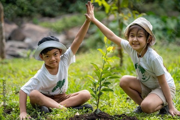 Obraz Children join as volunteers for reforestation, earth conservation activities to instill in children a sense of patience and sacrifice, doing good deeds and loving nature.