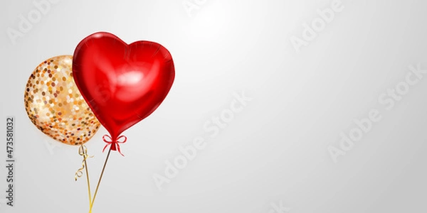 Fototapeta Vector illustration with two golden and red helium balloons, round and heart-shaped, on white background