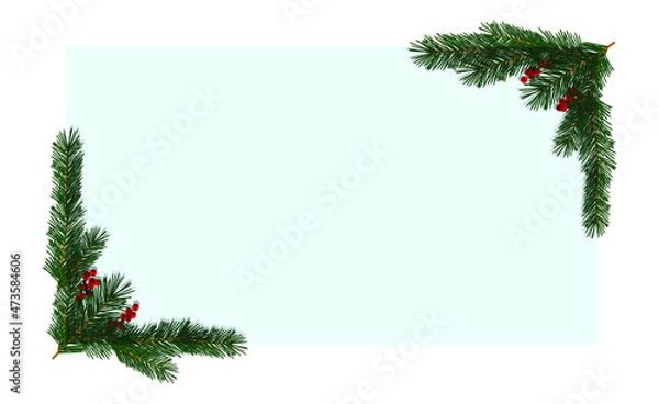Fototapeta Rectangular background with branches of a Christmas tree and red rowan berries in the corners. Vector illustration, realistic design, isolated on white background, eps 10.