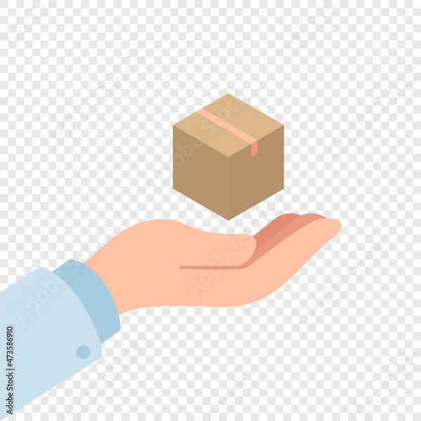 Fototapeta A cardboard box with a gift lies on his hand. Illustration for a delivery service.