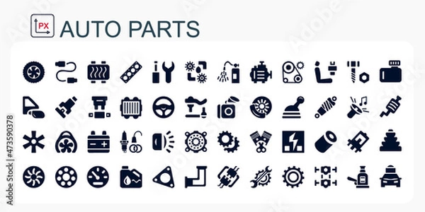 Fototapeta A set of vector icons and logos with car parts, batteries, transmissions, electrical equipment, engines and other special equipment. Car service. Auto parts store. Flat design. Isolated, editable.