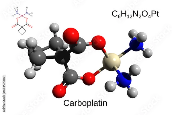 Fototapeta Chemical formula, structural formula and 3D ball-and-stick model of the anticancer drug Carboplatin, white background