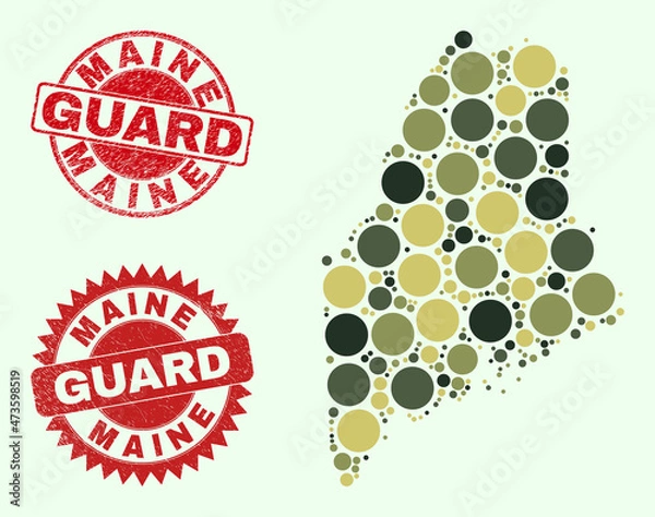 Fototapeta Vector round parts mosaic Maine State map in camo colors, and rubber stamp imitations for guard and military services. Round red stamp seals contain phrase GUARD inside.