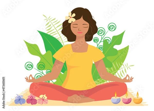 Fototapeta Woman meditating in nature and leaves. Concept illustration for yoga, meditation, relax, recreation, healthy lifestyle. Vector illustration in flat cartoon style . Enlightenment