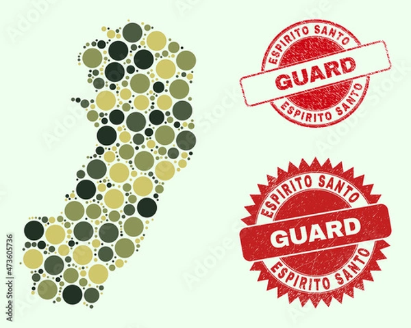 Fototapeta Vector spheric items collage Espirito Santo State map in camouflage colors, and scratched watermarks for guard and military services. Round red watermarks have phrase GUARD inside.
