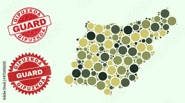 Fototapeta Vector round parts collage Gipuzkoa Province map in khaki hues, and corroded badges for guard and military services. Round red seals include phrase GUARD inside.