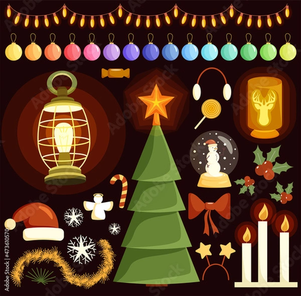 Fototapeta A set of Christmas items and decorations. Spruce, garland, balls, lanterns, candies, candles, hats.