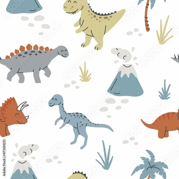 Fototapeta Seamless pattern with hand drawn dinosaurs in scandinavian style. Creative vector trendy childish background for fabric, textile