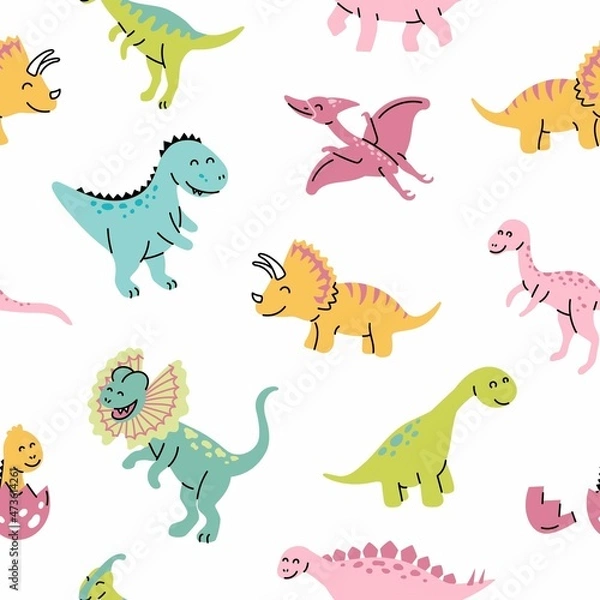 Fototapeta Seamless pattern with hand drawn dinosaurs in scandinavian style. Creative vector trendy childish background for fabric, textile