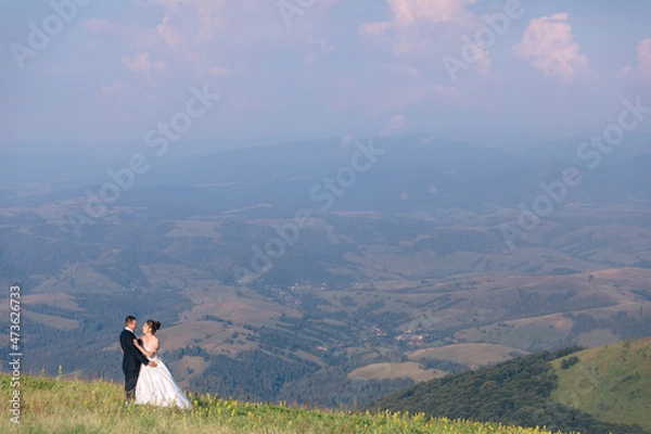Fototapeta Smiling happy newlywed couple in a field. The concept of love, mutual respect and right relationships.