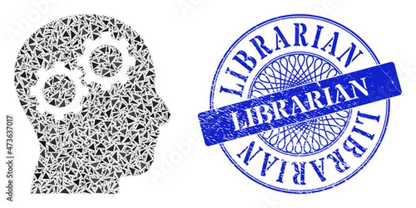 Fototapeta Brain gears collage of triangle particles, and Librarian corroded stamp seal. Blue stamp seal contains Librarian caption inside circle form.