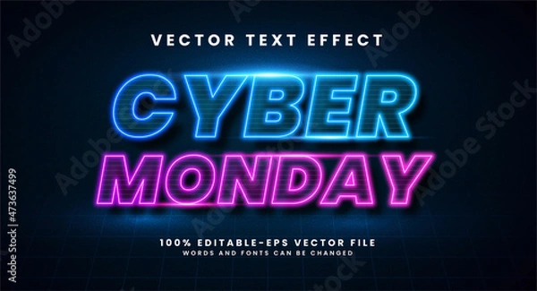 Fototapeta Cyber monday 3D text effect. Editable text style effect with glow light theme.