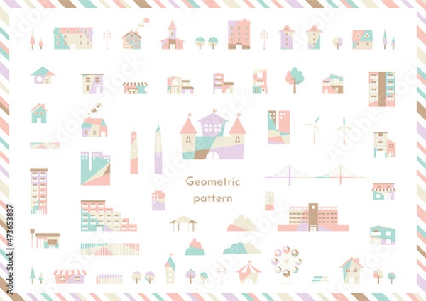 Fototapeta  可愛らしい配色の幾何学模様　建物セット