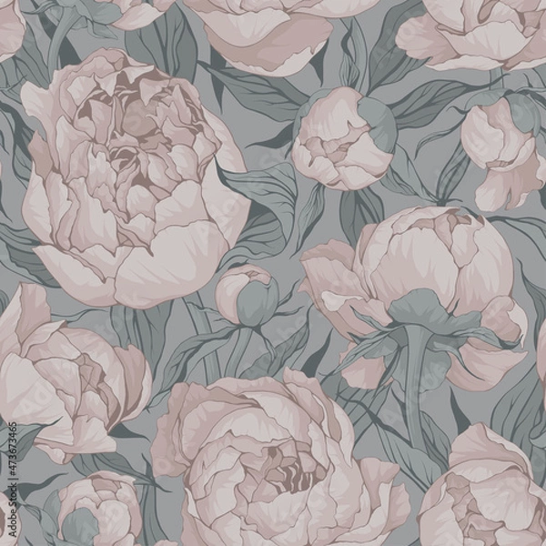 Fototapeta Blooming peonies seamless pattern in pastel beige and turquoise colors.