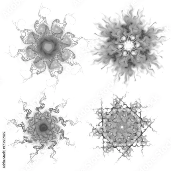 Fototapeta Set of four black snowflakes on a white background. Abstract computer generated fractal image of a snowflake. Illustration, isolate. Use as a stamp or brush