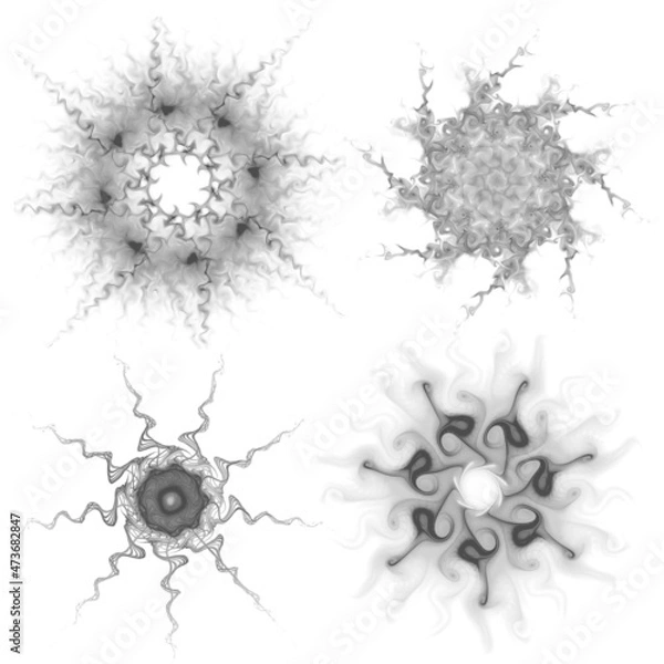 Fototapeta Set of four black snowflakes on a white background. Abstract computer generated fractal image of a snowflake. Illustration, isolate. Use as a stamp or brush