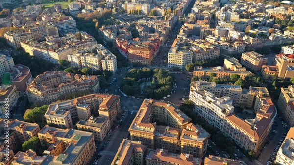 Fototapeta Aerial drone photo of iconic Piazza Mazzini or Mazzini square in the centre of Prati with beautiful Roman building architecture and small fountain, Rome, Italy