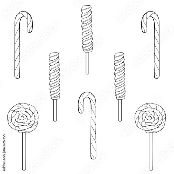 Fototapeta Set of lollipops (lollypops, candy canes) in traditional Christmas style. Design elements for for a holiday card. Vector illustration isolated on white background. Hand-drawn. Coloring book page
