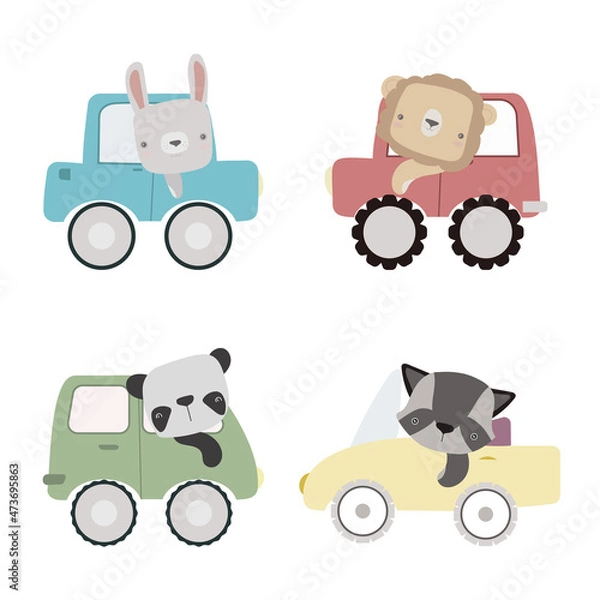 Fototapeta Funny animals in different cars. Cartoon illustration with transporl  in flat style. Vector elements isolated on white background.