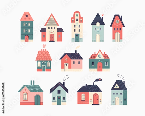 Fototapeta Colored set of small tiny houses and small buildings in Scandinavian style. Urban and village house exterior with tiled roofs, windows, doors, chimneys with smoke. Hand drawn vector flat illustration.