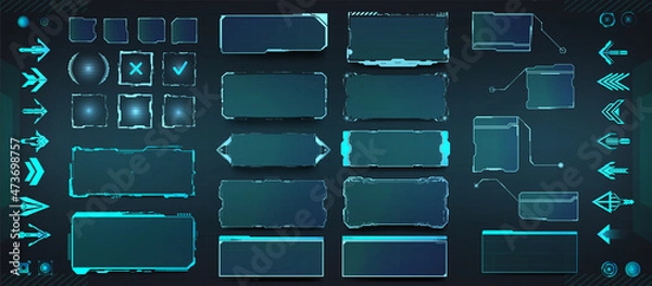Fototapeta HUD elements set - frame screen, arrows, callouts, button, futuristic UI bars. Hi-tech elements for Futuristic User Interface. HUD, UI Bars. Digital tech panels, sci-fi window display, frame. Vector
