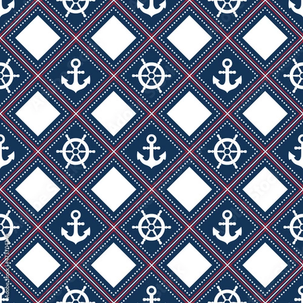 Obraz Nautical elements. Naval seamless pattern. Marine symbols: steering wheel, helm, anchor. Vector illustration Isolated on white background. Geometric ornament. Design wrapping paper and baby clothes