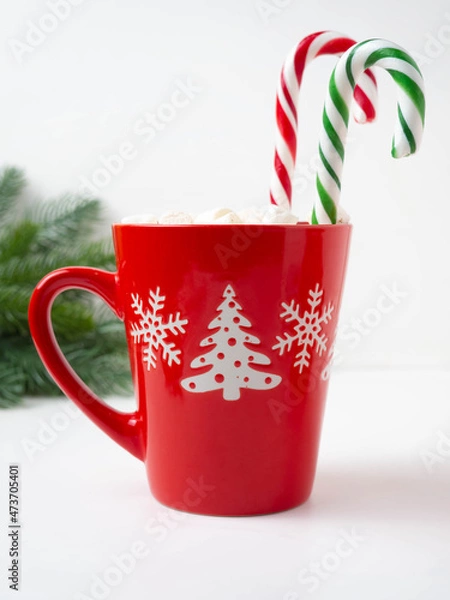 Obraz Red mug with hot chocolate with marshmallows.