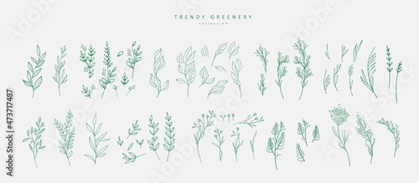 Obraz Kwiatowa gałąź i minimalistyczne kwiaty do logo lub tatuażu. Ręcznie narysowane zioło ślubne, eleganckie liście zaproszenia Zapisz kartę daty. Botaniczna rustykalna modna zieleń