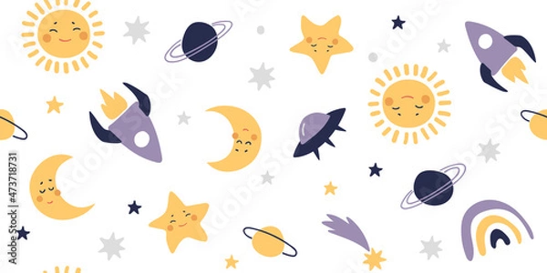Fototapeta Seamless space pattern with sun, stars and rocket. Cute ornament for fabric, paper, scrapbooking. Space background for a boy, heavenly elements on a white background. Vector illustration.