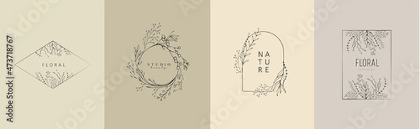 Obraz Set of inimal feminine botanical floral branch and logo. Hand drawn wedding herb, homeplant with elegant leaves. Botanical rustic trendy greenery vector