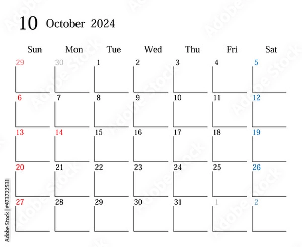 Fototapeta 2024年10月、日本のカレンダー	