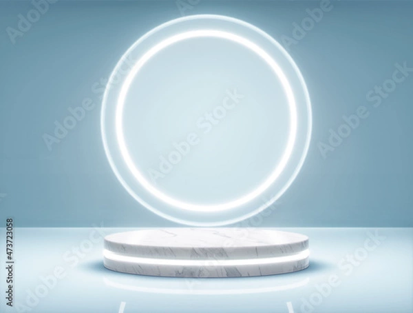 Obraz Premium mock up geometrical podium for product presentation on blue background, 3d illustration