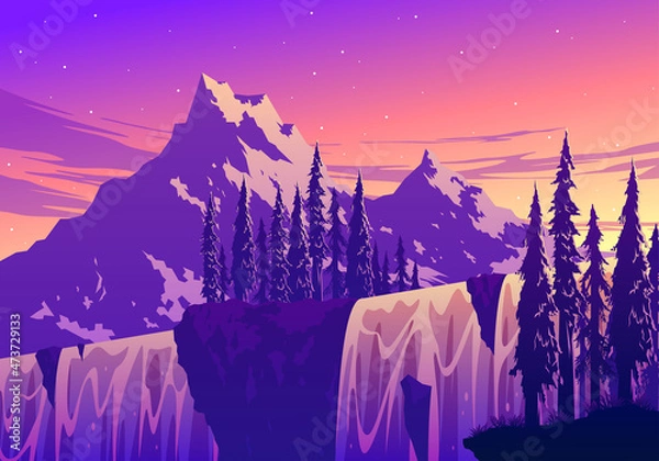 Fototapeta Waterfall And Mountain Landscape Illustration
