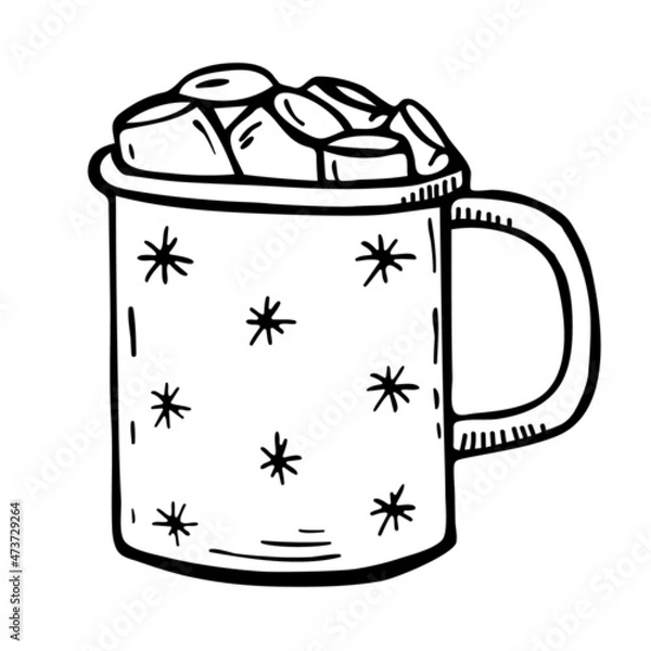 Fototapeta A mug with a hot drink and marshmallows. Hand-drawn vector contour illustration of a mug with a Christmas print.