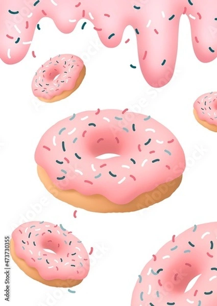 Fototapeta Donuts on a white background cut out. 3D donuts. Fresh bakery. Poster for a coffee shop.