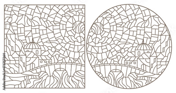 Fototapeta A set of contour illustrations in the style of stained glass with urban landscapes , dark contours on a white background