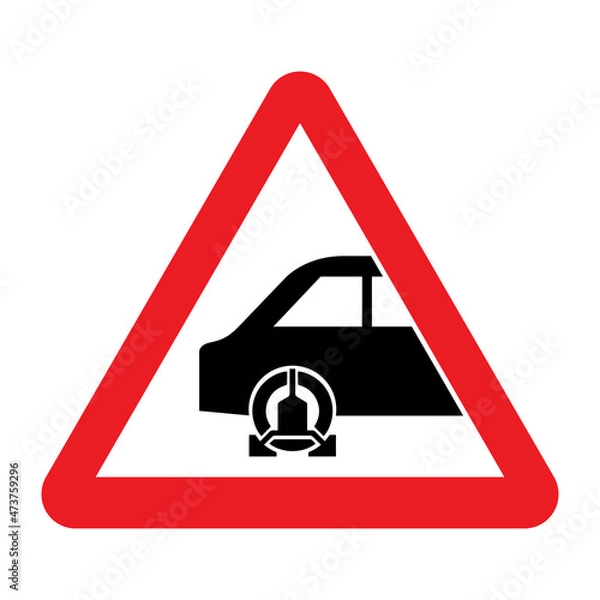 Fototapeta Wheel clamp warning sign. Vector illustration of red triangle sign with wheel lock icon inside. Clamping zone symbol. Caution illegal parking will be penalized. Do not park.
