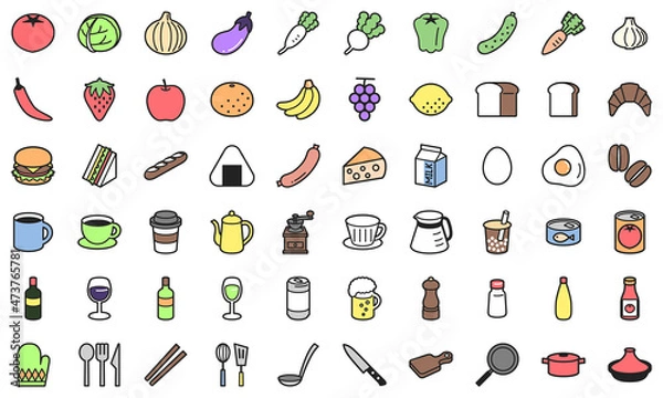 Fototapeta 食べ物とキッチン用品のシンプルなアイコンセット