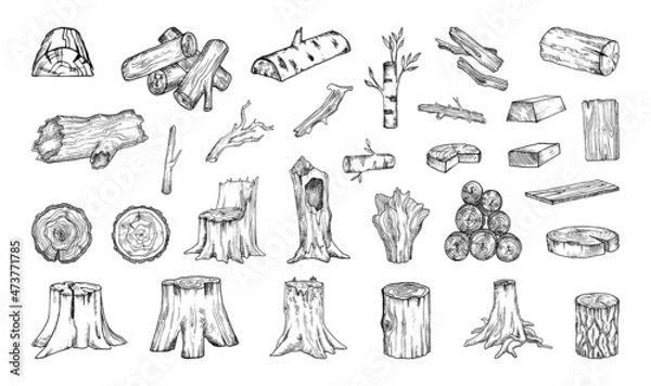 Fototapeta Collection of monochrome illustrations of wood raw materials in sketch style. Hand drawings in art ink style. Black and white graphics.   