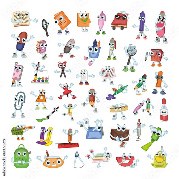 Fototapeta Funny stationery characters with different emotions. Vector illustration for students and schoolchildren.