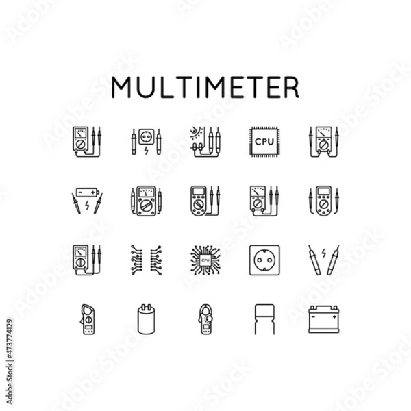 Obraz Set of vector icons on topic of a measuring device. Presented digital and analog multimeter, probes, processor, capacitor, transistor in simple style isolated on white background. Vector sign in