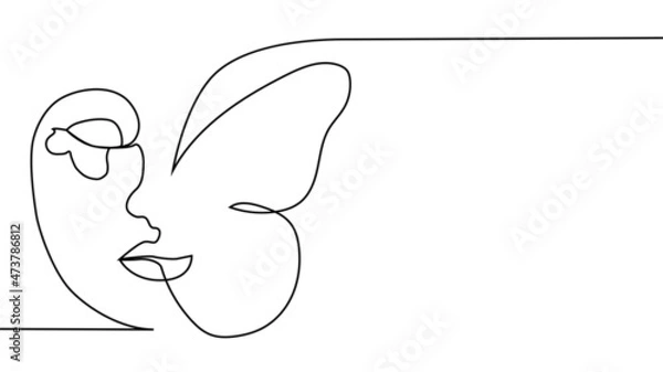 Fototapeta abstract face with butterfly one line drawing. Portret minimalistic style
