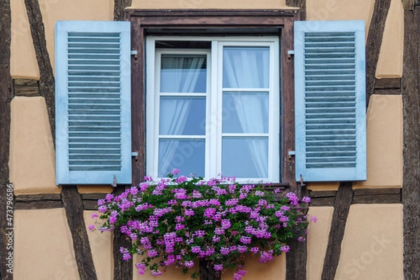 Fototapeta Window with window box and geraniums