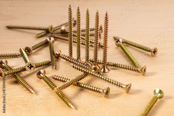 Obraz universal screws for wood on a wooden background