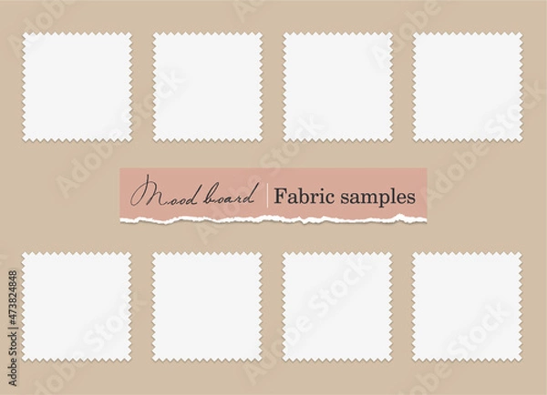 Fototapeta Fabric samples Mood Board. Textile swatches set on a beige background. 8 Fabric pieces for presentation and design. Trendy Mockup. Vector Blank Template. EPS10.